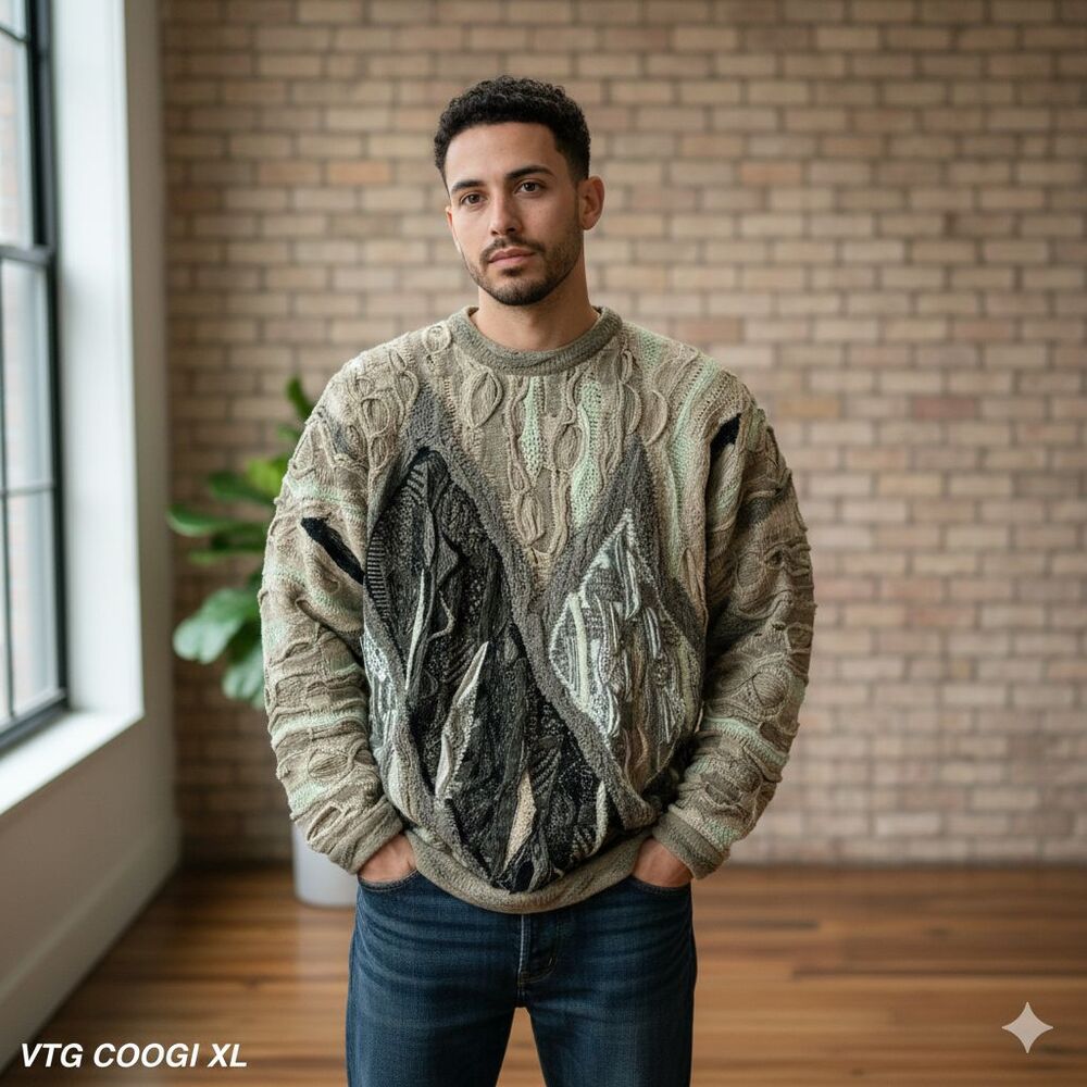 VTG COOGI Australia 3D Knit Sweater XL Earth Tone Linen Cotton Abstract 90s